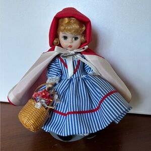 Vintage 70s, Madame Alexander RED RIDING HOOD 8” Doll & Stand #482 STRIPED DRESS
